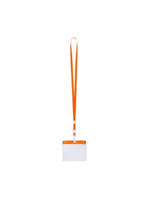 Poliestera kakla siksniņa ar plastmasas karabīni un PVC nozīmīšu turētāju.